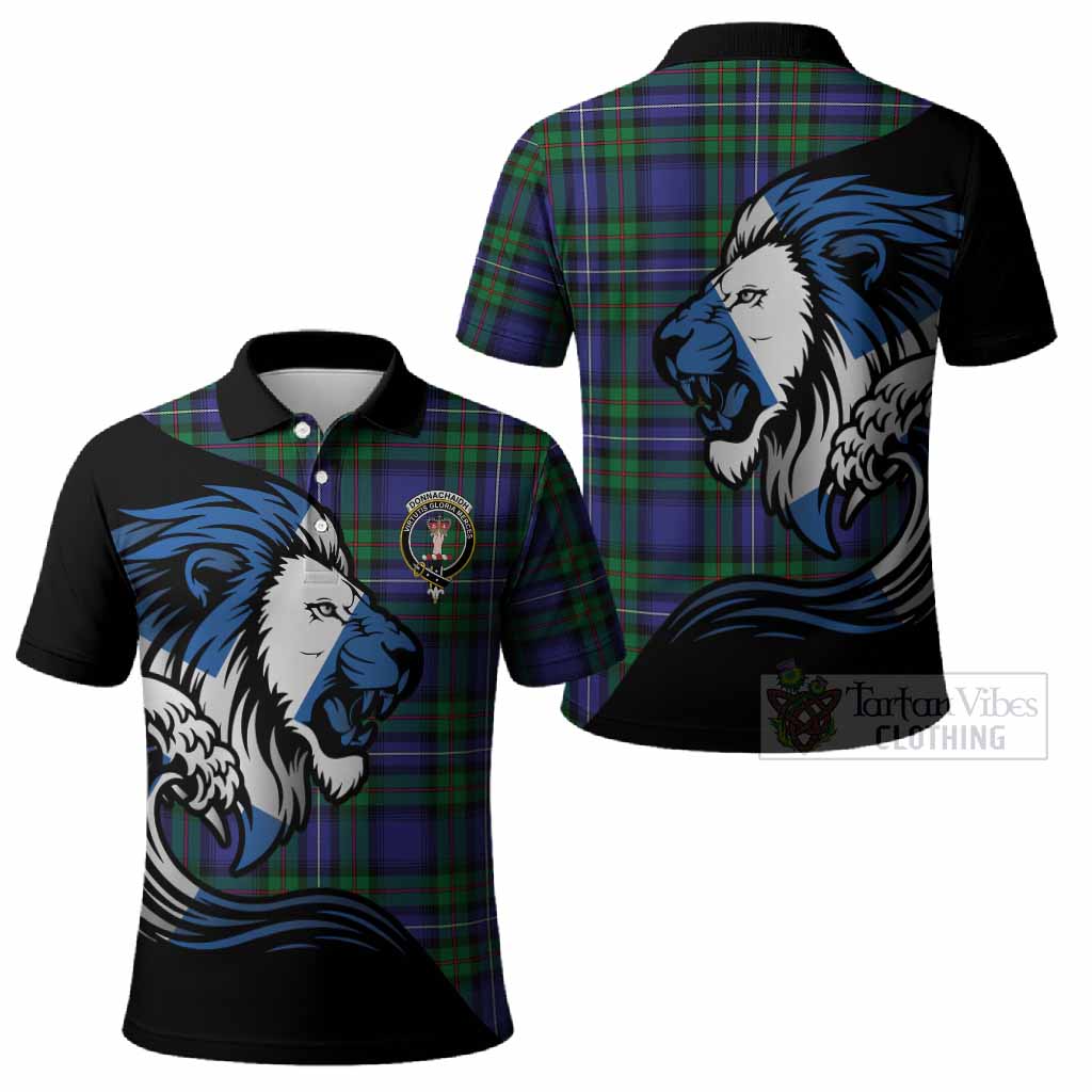 Donnachaidh Tartan Crest Polo Shirt Scottish Golden Lions Wave Flow