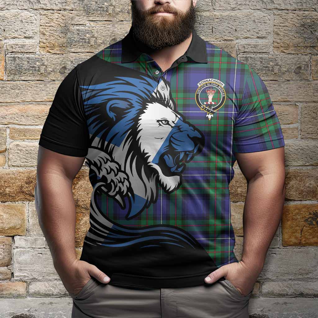 Donnachaidh Tartan Crest Polo Shirt Scottish Golden Lions Wave Flow