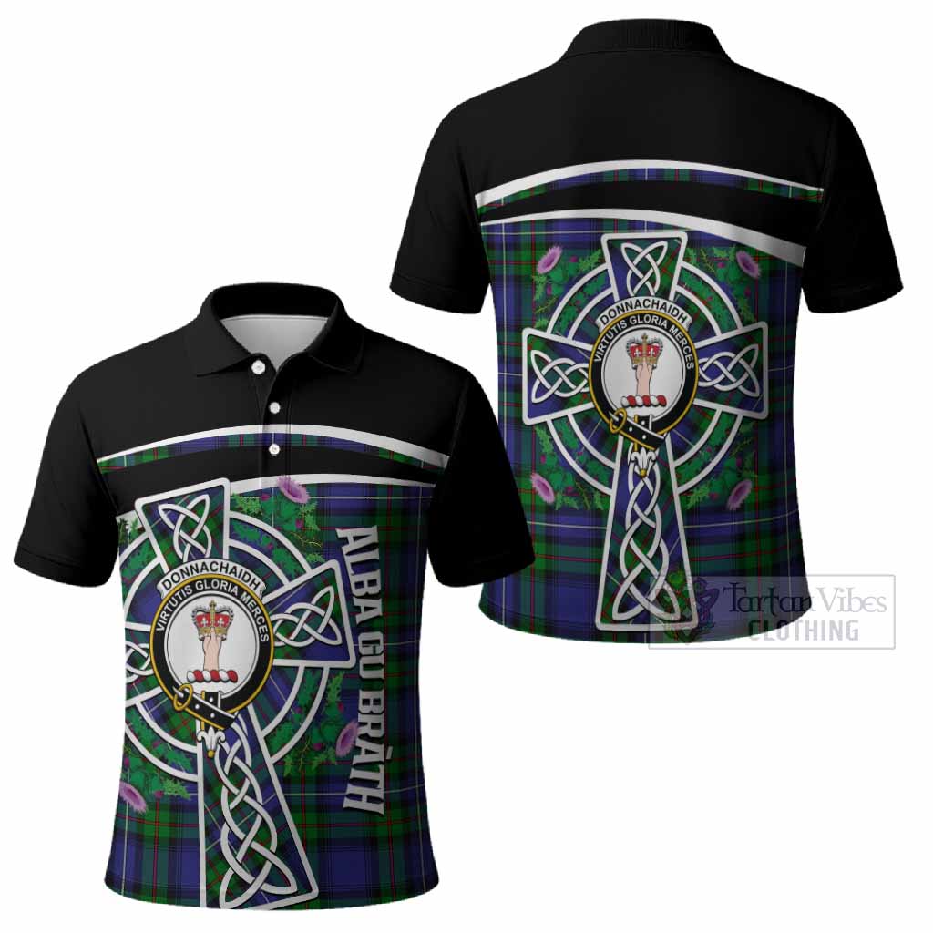 Donnachaidh Tartan Crest Polo Shirt Scottish Thistle Celtic Cross Alba Gu Brath