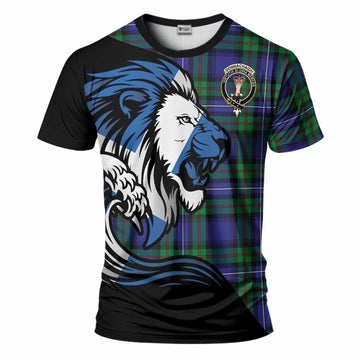 Donnachaidh Tartan Crest T-Shirt Scottish Golden Lions Wave Flow