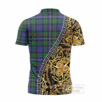 Donnachaidh Tartan Crest Zipper Polo Shirt Celtic Knot and Triple Trickle Spiral Symbols