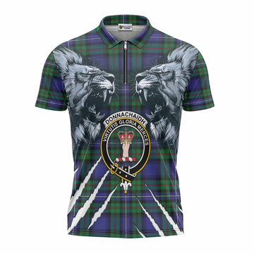 Donnachaidh Tartan Crest Zipper Polo Shirt Ferocious Lion Style