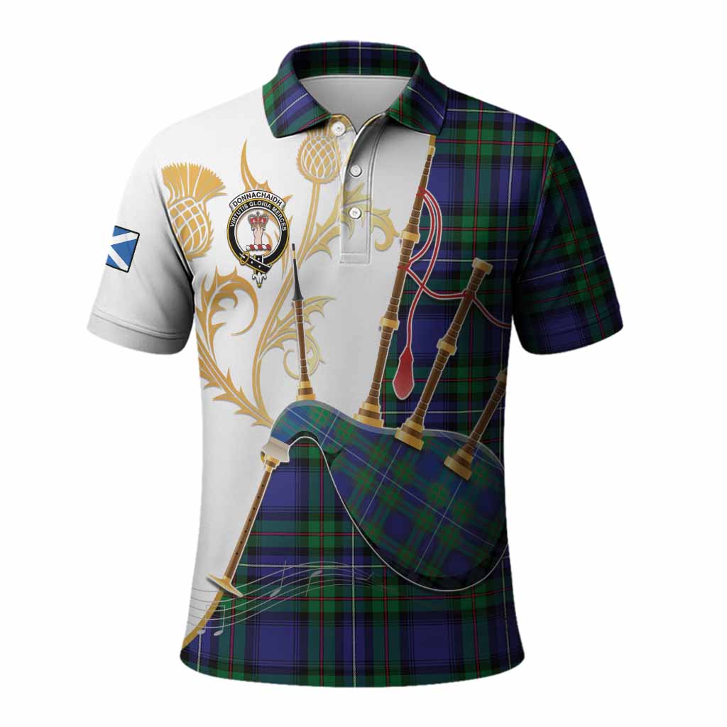 Donnachaidh Tartan Family Crest Polo Shirt Bagpipes with Scottish Thistle