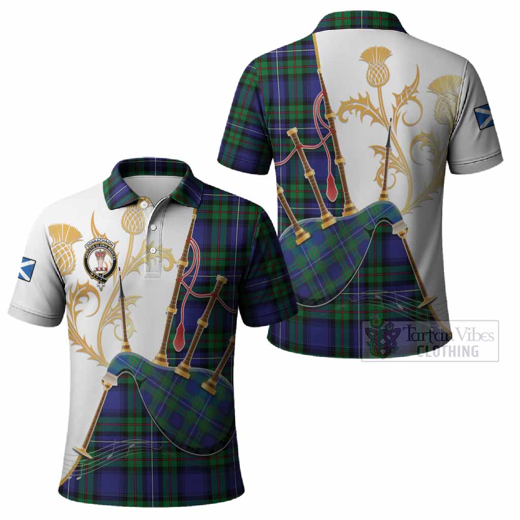 Donnachaidh Tartan Family Crest Polo Shirt Bagpipes with Scottish Thistle