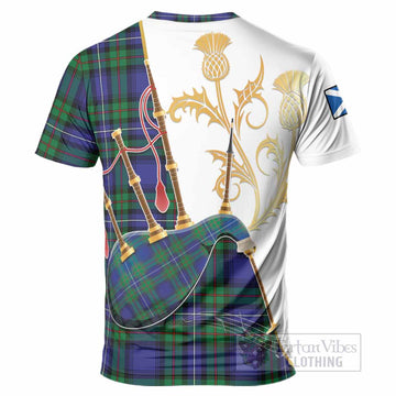 Donnachaidh Tartan Family Crest T-Shirt Bagpipes with Scottish Thistle