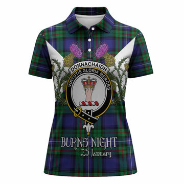 Donnachaidh Tartan Family Crest Women Polo Shirt Scottish Burns Night Thistle Floral