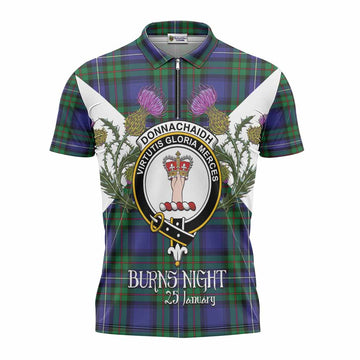 Donnachaidh Tartan Family Crest Zipper Polo Shirt Scottish Burns Night Thistle Floral