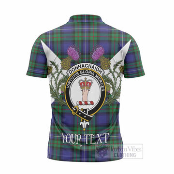 Donnachaidh Tartan Family Crest Zipper Polo Shirt Scottish Burns Night Thistle Floral
