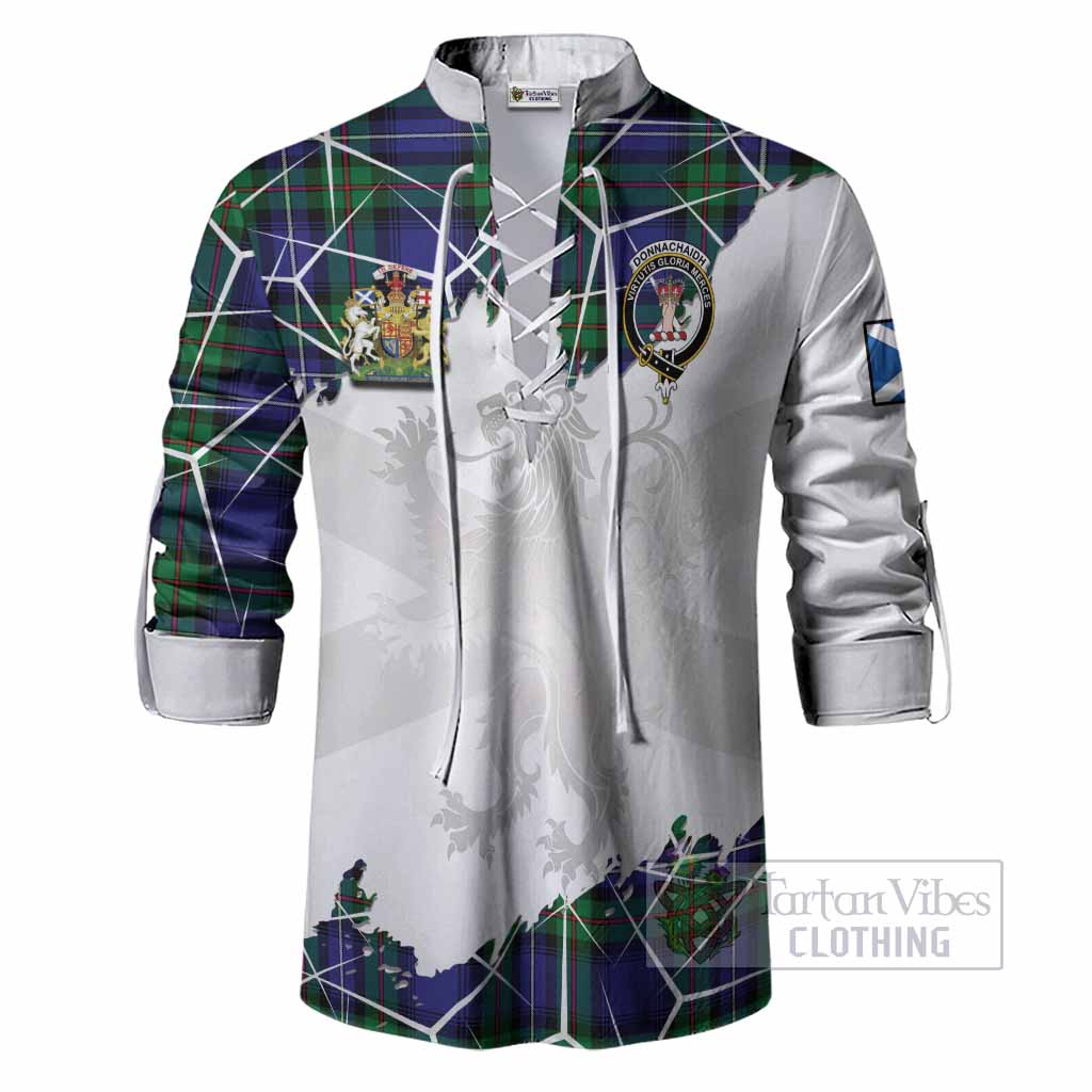 Donnachaidh Tartan Ghillie Shirt with Family Crest and Lion Rampant Grunge Style