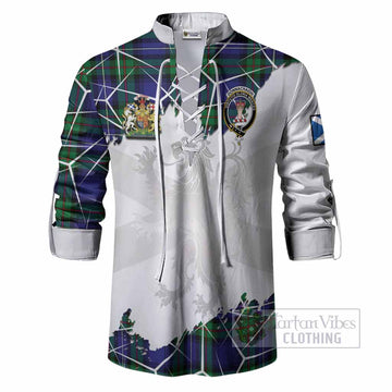 Donnachaidh Tartan Ghillie Shirt with Family Crest and Lion Rampant Grunge Style