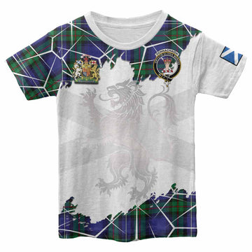 Donnachaidh Tartan Kid T-shirt with Family Crest and Lion Rampant Grunge Style