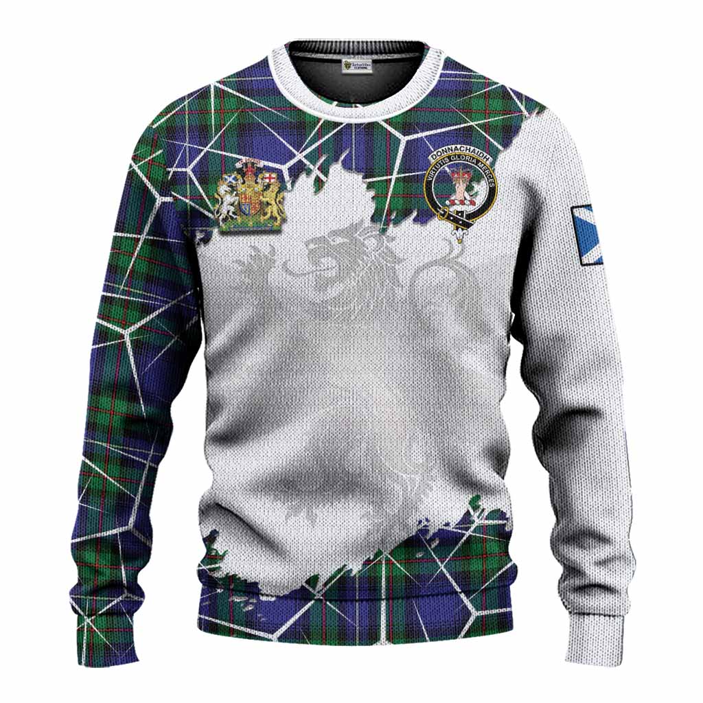 Donnachaidh Tartan Knitted Sweater with Family Crest and Lion Rampant Grunge Style