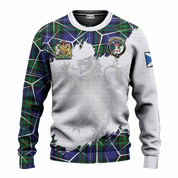 Donnachaidh Tartan Knitted Sweater with Family Crest and Lion Rampant Grunge Style