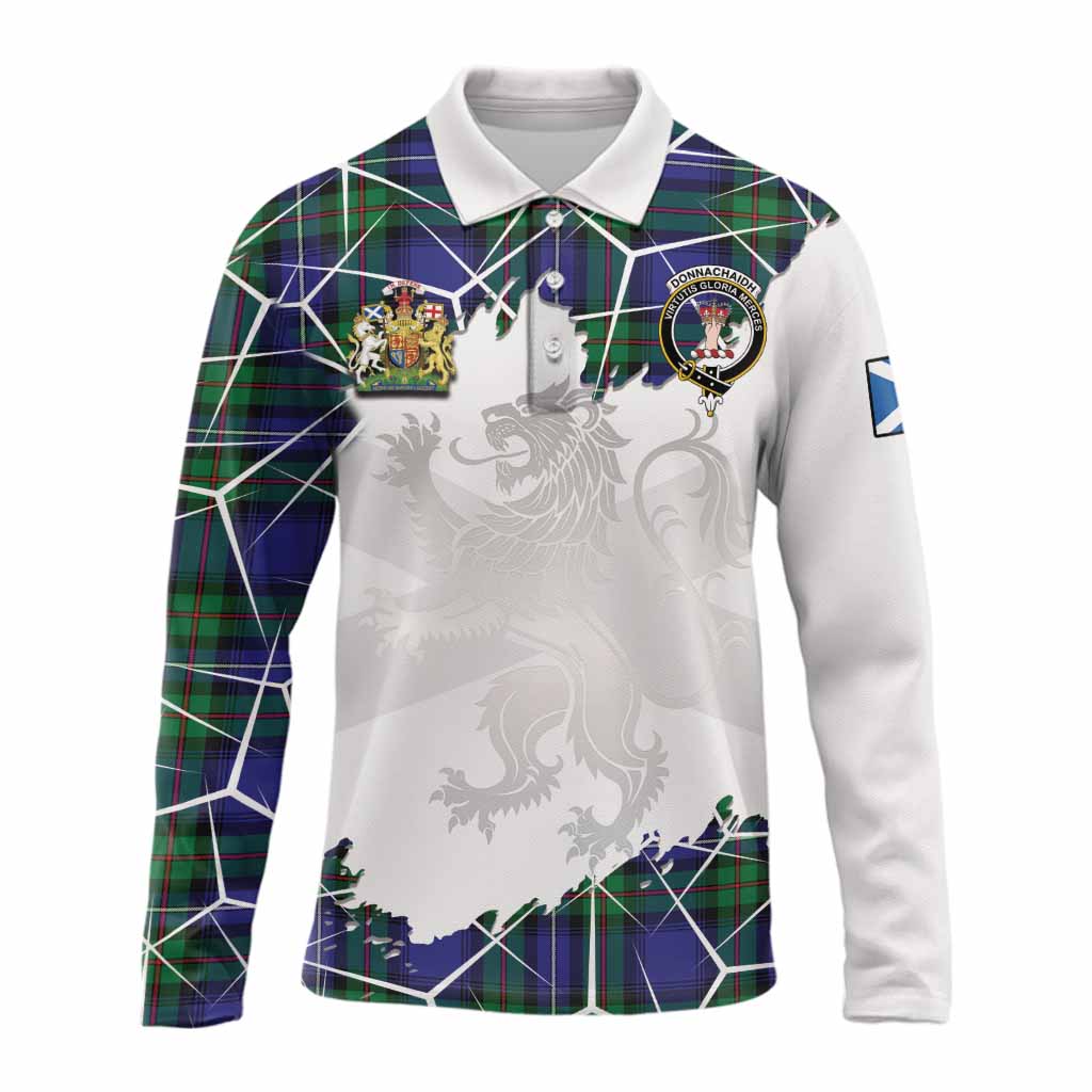 Donnachaidh Tartan Long Sleeve Polo Shirt with Family Crest and Lion Rampant Grunge Style