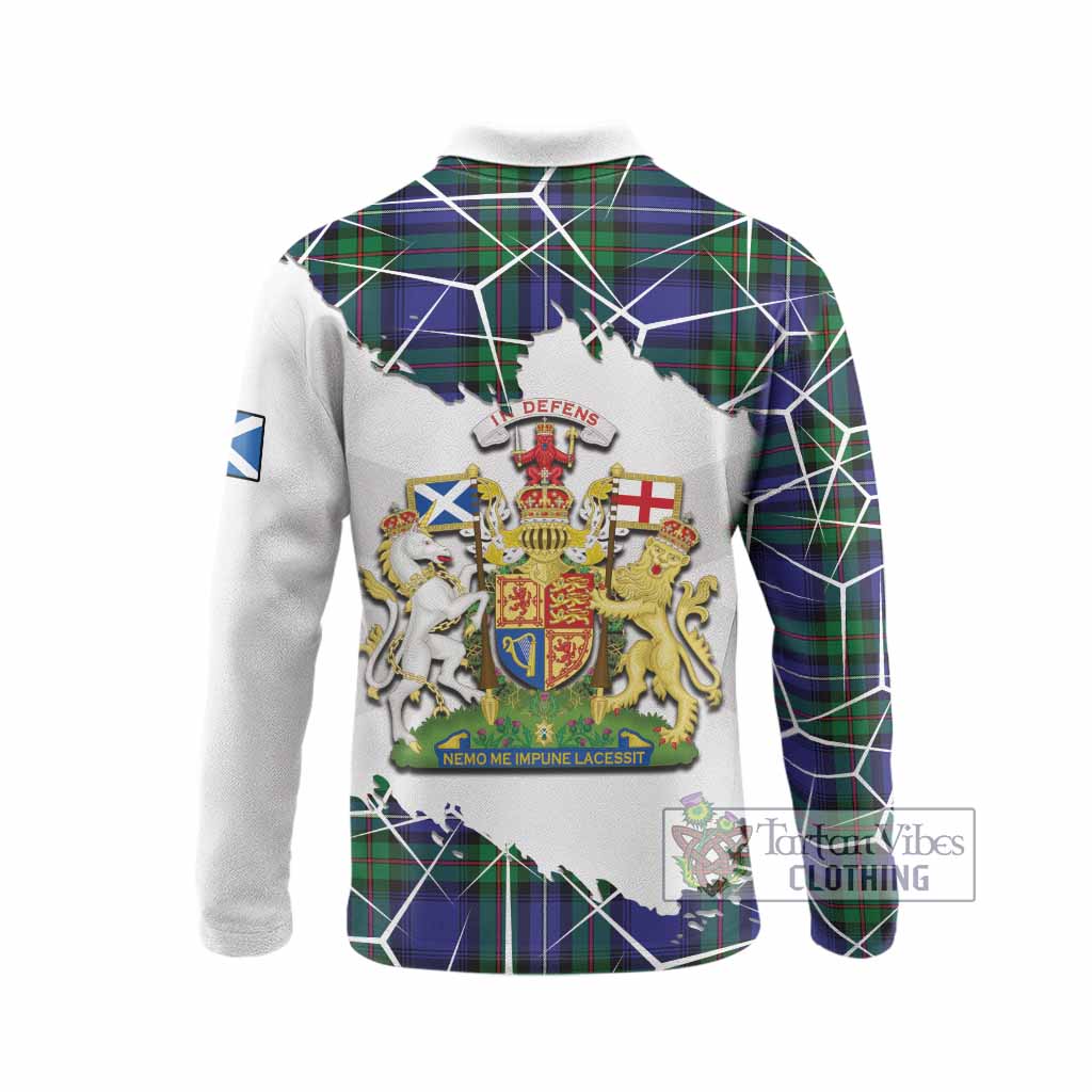 Donnachaidh Tartan Long Sleeve Polo Shirt with Family Crest and Lion Rampant Grunge Style