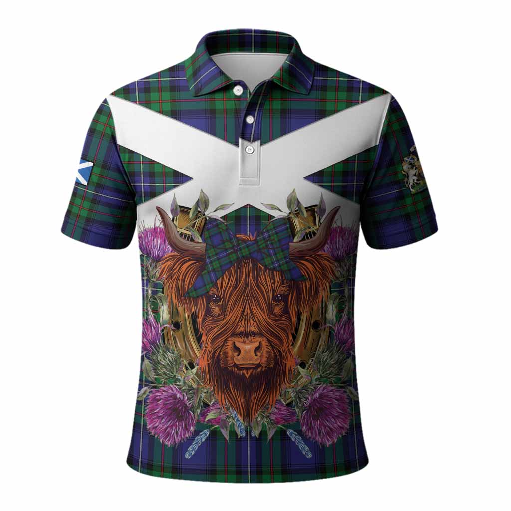 Donnachaidh Tartan Polo Shirt Scottish Thistle Heilan Coo