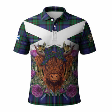 Donnachaidh Tartan Polo Shirt Scottish Thistle Heilan Coo
