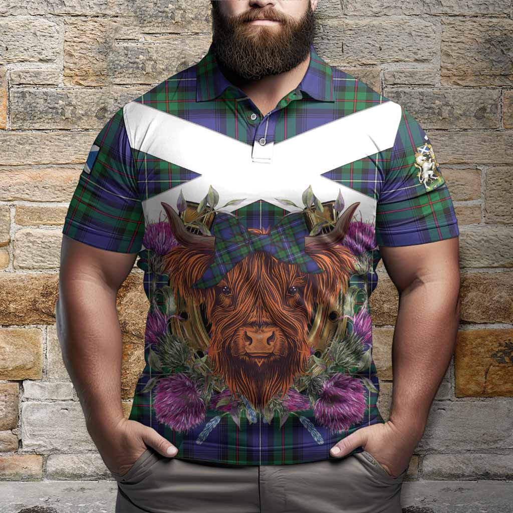Donnachaidh Tartan Polo Shirt Scottish Thistle Heilan Coo