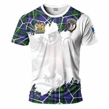 Donnachaidh Tartan T-Shirt with Family Crest and Lion Rampant Grunge Style