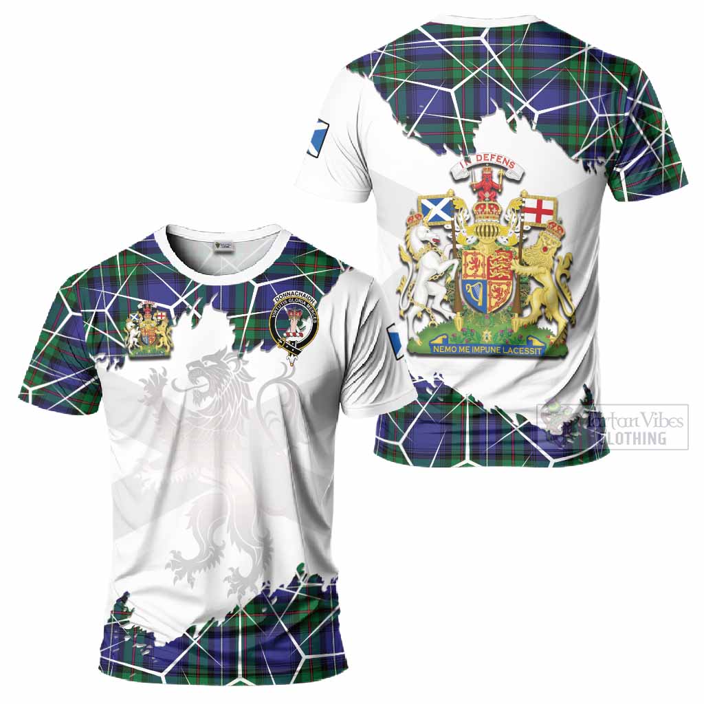 Donnachaidh Tartan T-Shirt with Family Crest and Lion Rampant Grunge Style