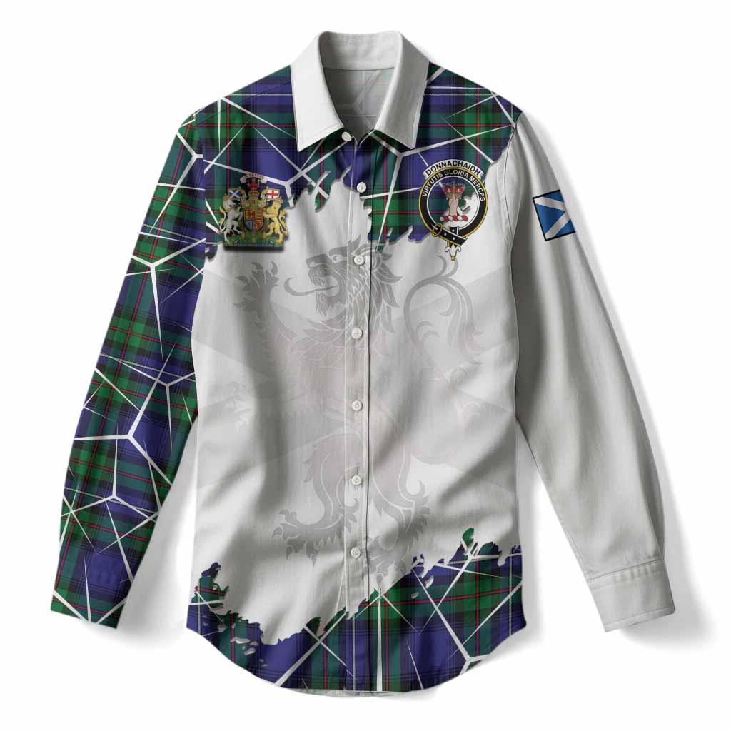 Donnachaidh Tartan Women Casual Shirt with Family Crest and Lion Rampant Grunge Style