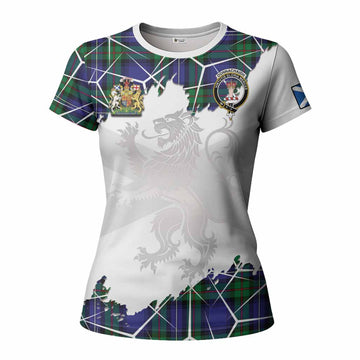Donnachaidh Tartan Women T shirt with Family Crest and Lion Rampant Grunge Style