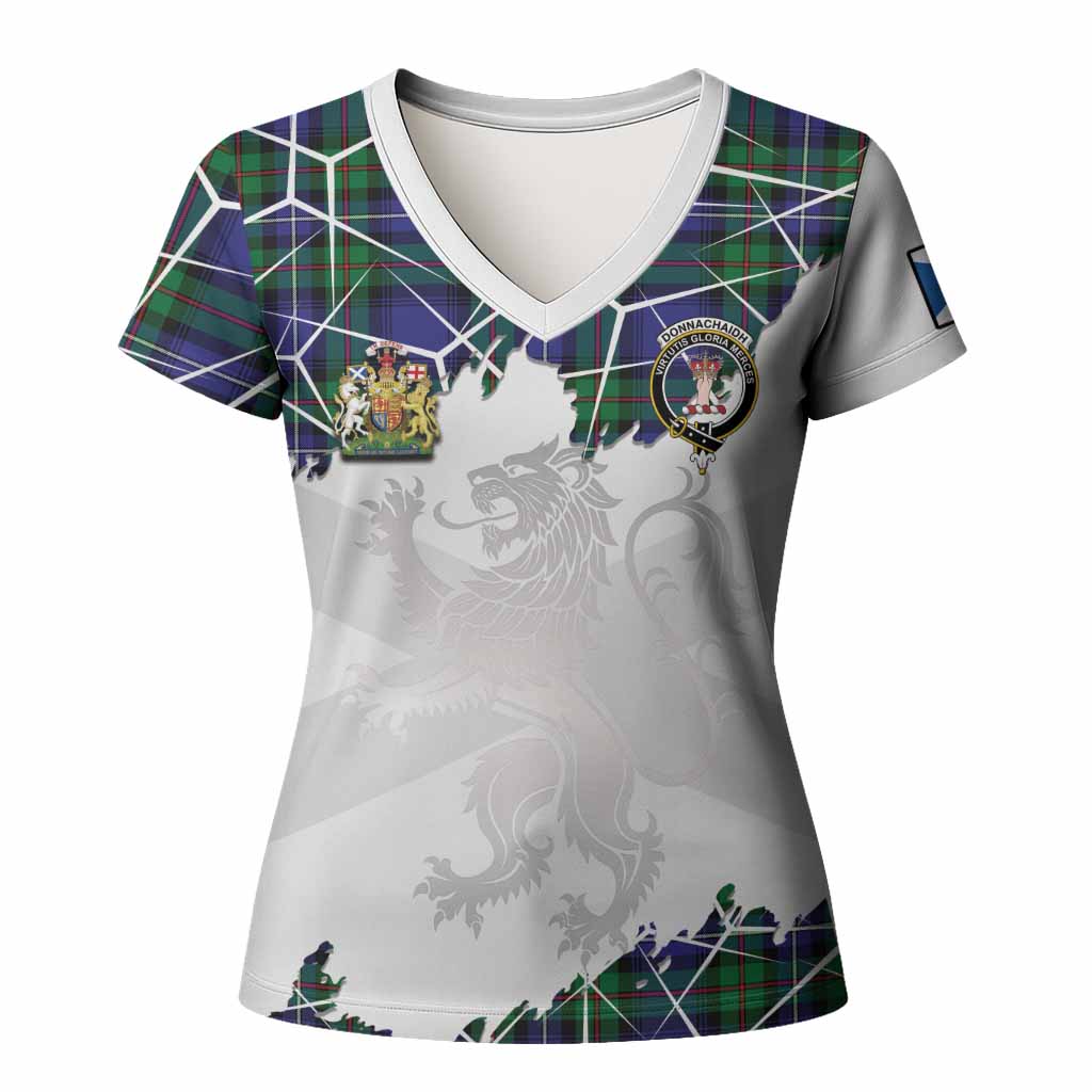 Donnachaidh Tartan Women T shirt with Family Crest and Lion Rampant Grunge Style