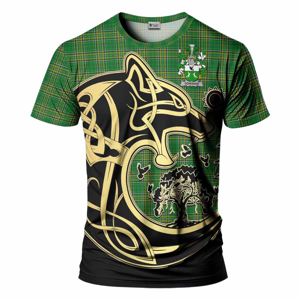 Tartan Vibes Clothing Donohue Irish Tartan T-Shirt with Coat of Arms Celtic Wolf Style