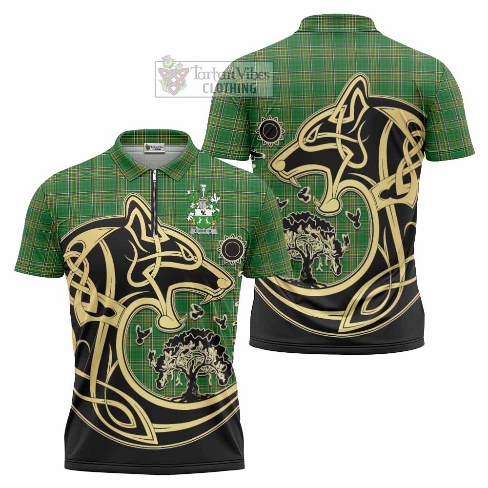 Tartan Vibes Clothing Donohue Irish Tartan Zipper Polo Shirt with Coat of Arms Celtic Wolf Style