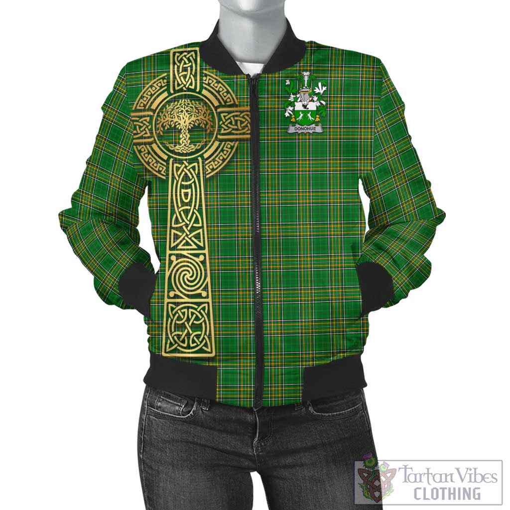 Tartan Vibes Clothing Donohue Irish Clan Tartan Bomber Jacket with Coat of Arms Celtic Tree of Life Style