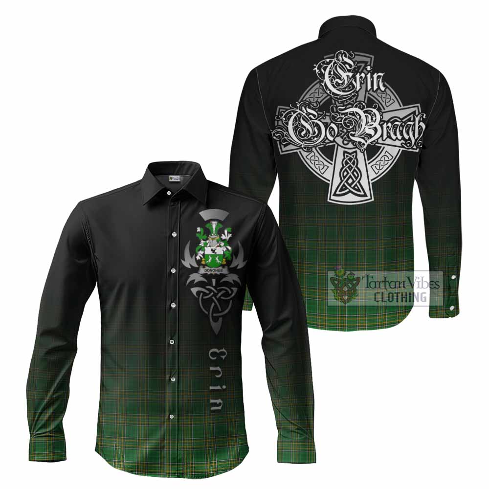 Tartan Vibes Clothing Donohue Irish Clan Long Sleeve Button Shirt with Coat of Arms Erin Go Bragh Celtic Inspired