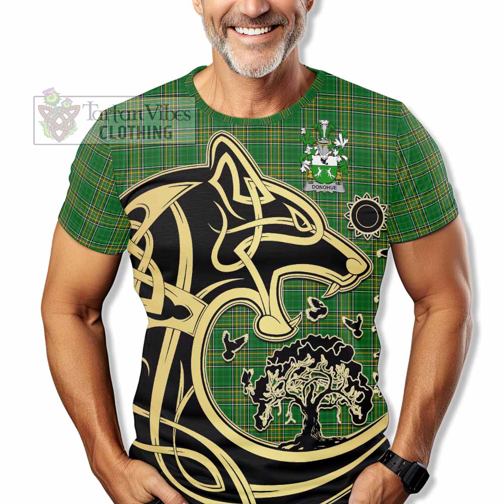 Tartan Vibes Clothing Donohue Irish Tartan T-Shirt with Coat of Arms Celtic Wolf Style