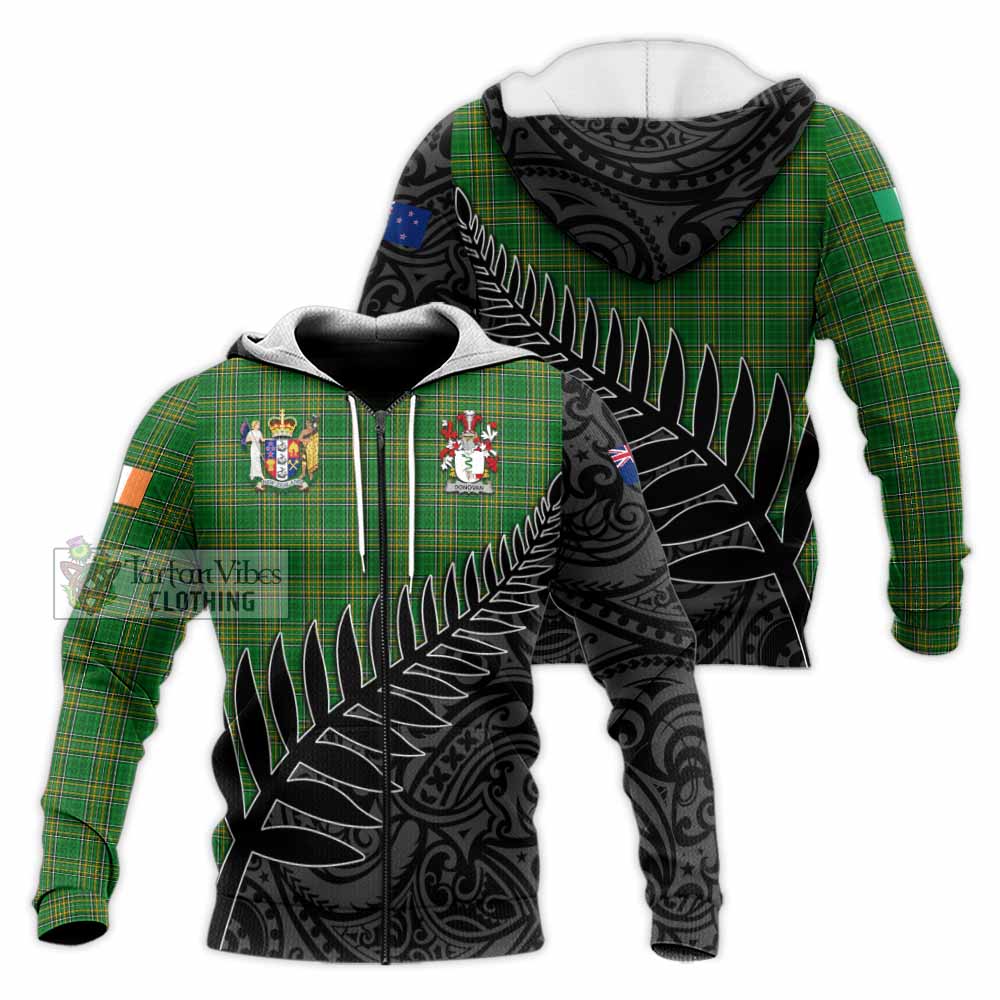 Tartan Vibes Clothing Donovan Irish Clan Tartan Knitted Hoodie with Coat of Arms New Zealand Silver Fern Half Style