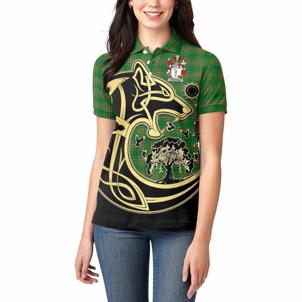 Donovan Irish Tartan Women's Polo Shirt with Coat of Arms Celtic Wolf Style - Tartan Vibes Clothing