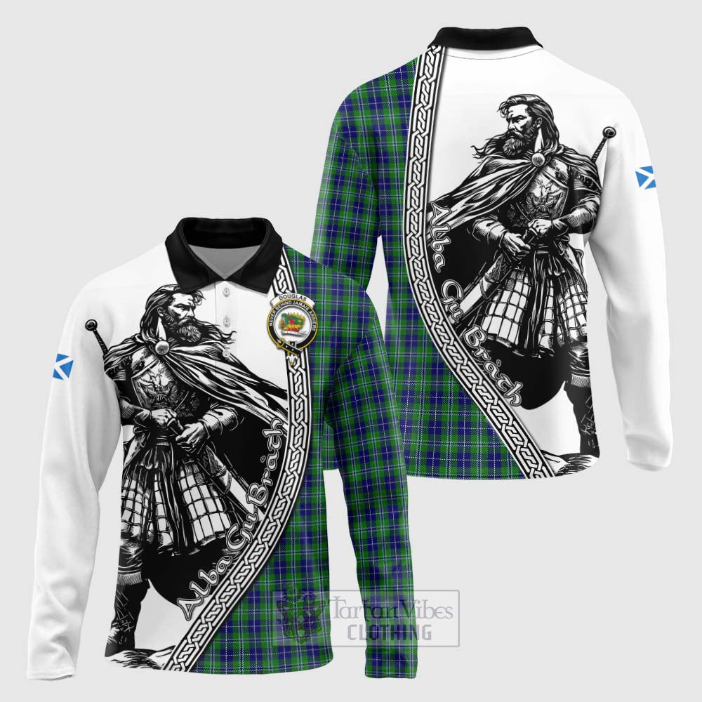 Tartan Vibes Clothing Douglas Tartan Clan Crest Long Sleeve Polo Shirt with Highlander Warrior Celtic Style