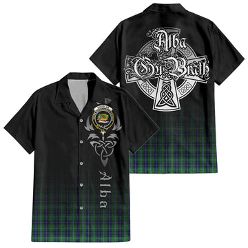 Douglas Tartan Short Sleeve Button Up Featuring Alba Gu Brath Family Crest Celtic Inspired