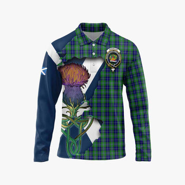 Douglas Tartan Family Crest Long Sleeve Polo Shirt Scottish Thistle Celtic Inspired