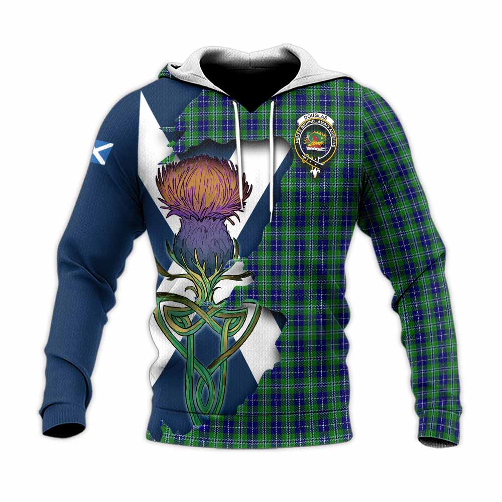 Tartan Vibes Clothing Douglas Tartan Family Crest Knitted Hoodie Scottish Thistle Celtic Inspired