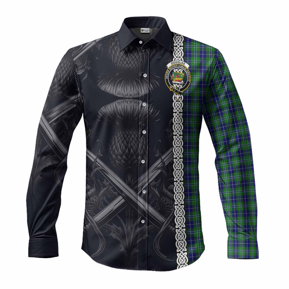 Tartan Vibes Clothing Douglas Tartan Long Sleeve Button Shirt with Family Crest Cross Sword Thistle Celtic Vibes