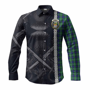 Douglas Tartan Long Sleeve Button Shirt with Family Crest Cross Sword Thistle Celtic Vibes