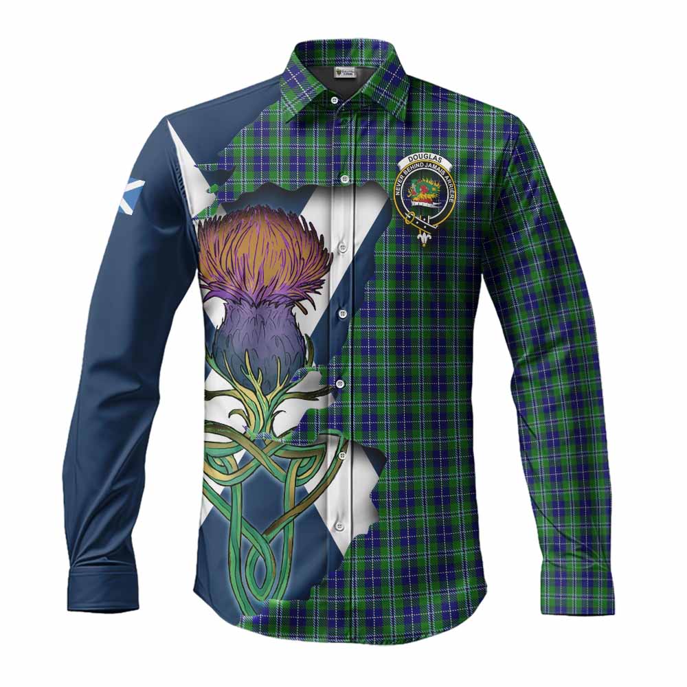 Tartan Vibes Clothing Douglas Tartan Family Crest Long Sleeve Button Shirt Scottish Thistle Celtic Inspired