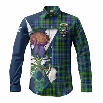 Douglas Tartan Family Crest Long Sleeve Button Shirt Scottish Thistle Celtic Inspired
