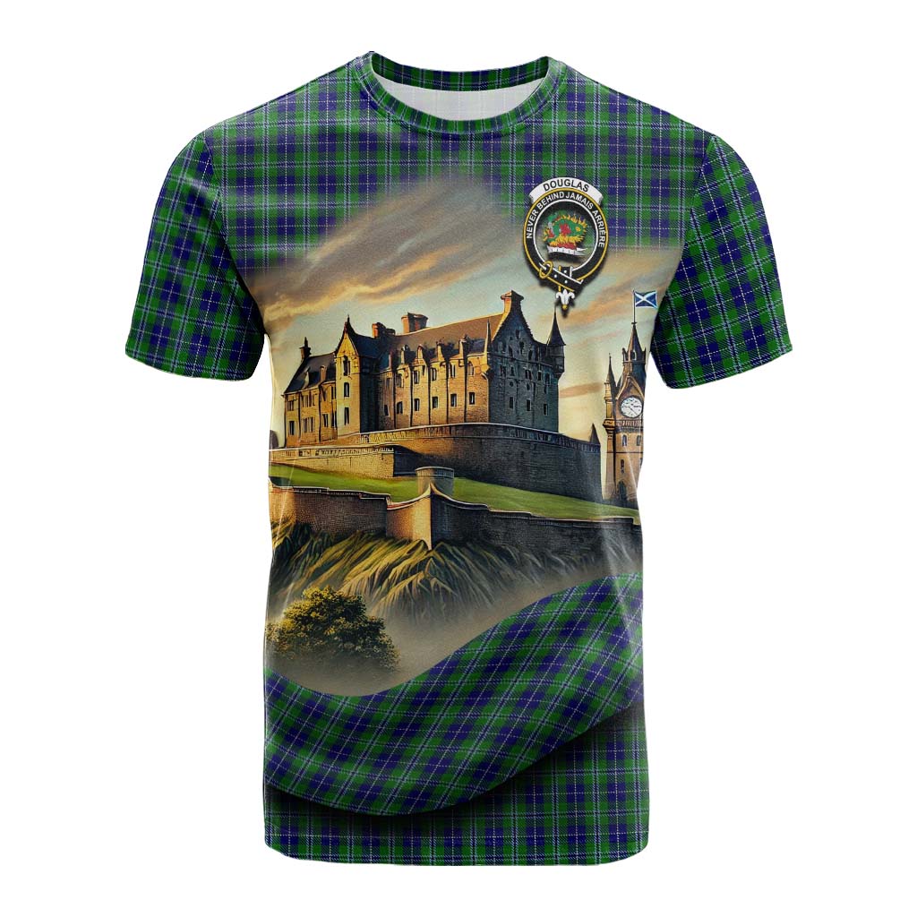 Tartan Vibes Clothing Douglas Tartan Family Crest Cotton T-shirt with Scottish Ancient Castle Style