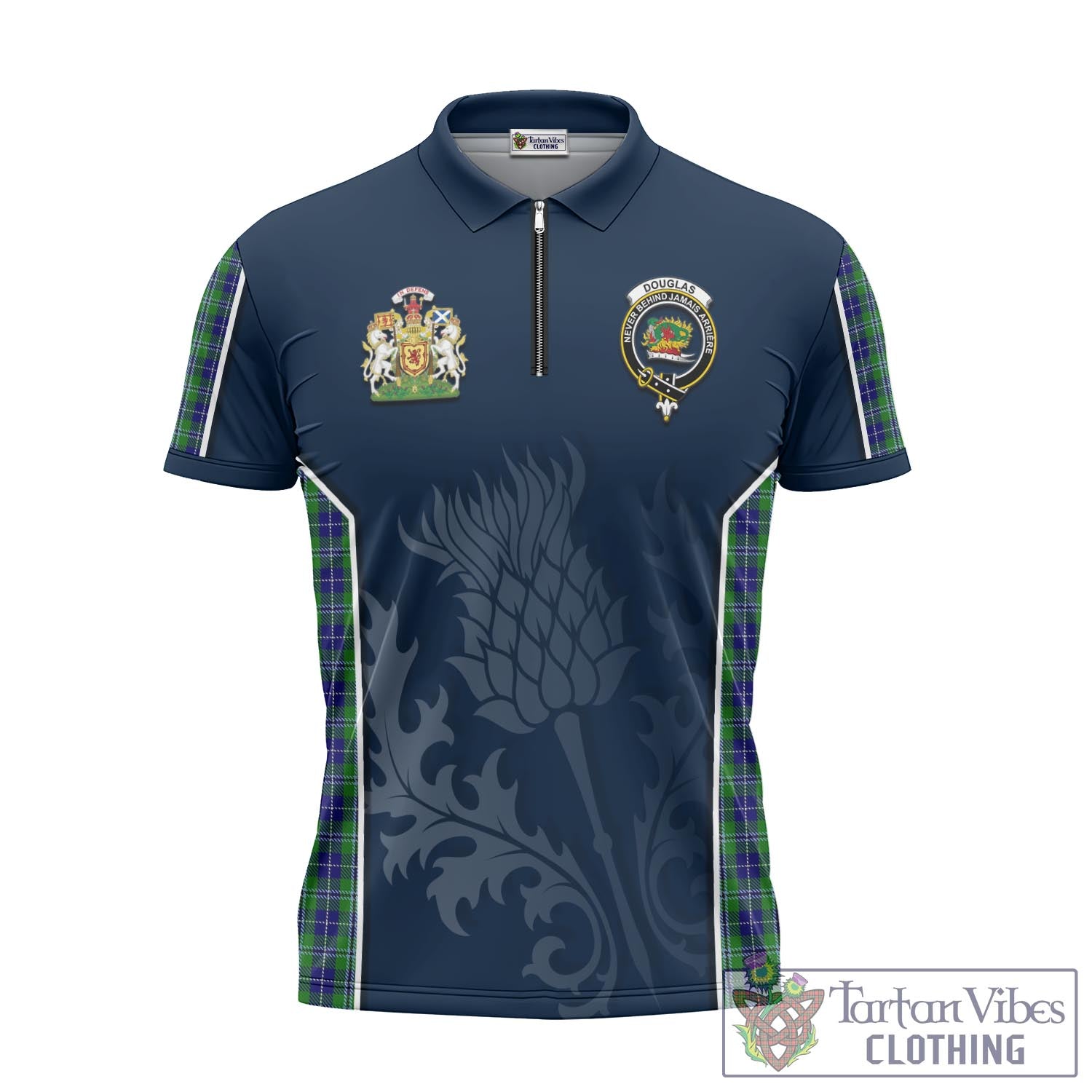 Tartan Vibes Clothing Douglas Tartan Zipper Polo Shirt with Family Crest and Scottish Thistle Vibes Sport Style