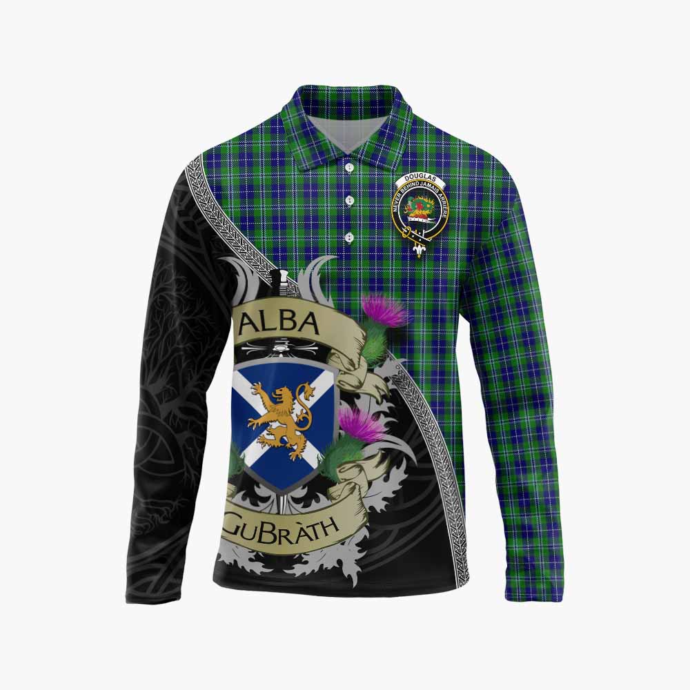 Tartan Vibes Clothing Douglas Tartan Family Crest Long Sleeve Polo Shirt Lion Rampant Royal Thistle Shield Celtic Inspired