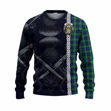 Tartan Vibes Clothing Douglas Tartan Knitted Sweater with Family Crest Cross Sword Thistle Celtic Vibes