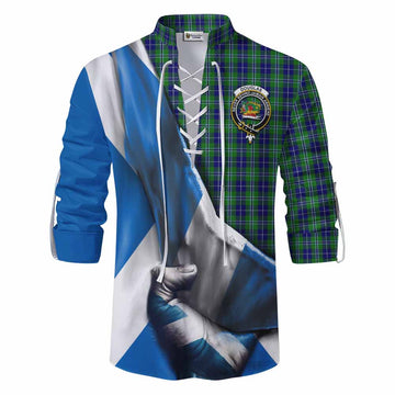 Douglas Tartan Ghillie Kilt Shirt with Family Crest Scotland Patriotic Style
