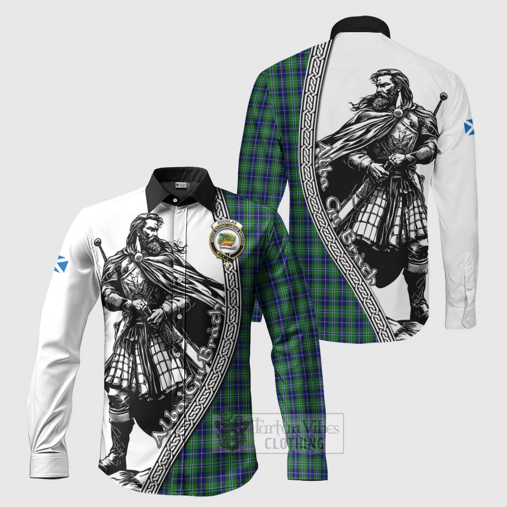 Tartan Vibes Clothing Douglas Tartan Clan Crest Long Sleeve Button Shirt with Highlander Warrior Celtic Style