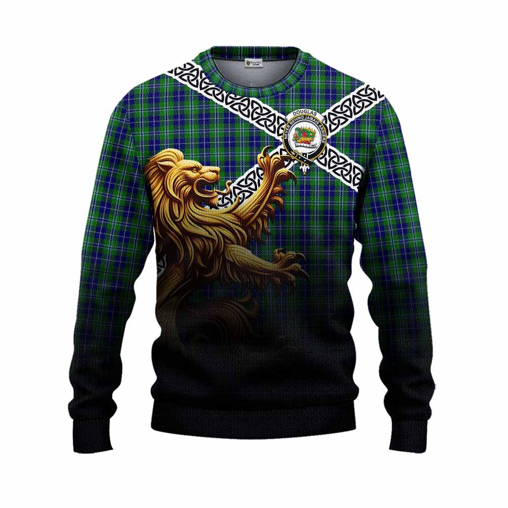 Tartan Vibes Clothing Douglas Crest Tartan Knitted Sweater with Golden Lion Emblem Celtic Style
