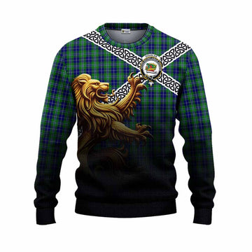 Tartan Vibes Clothing Douglas Crest Tartan Knitted Sweater with Golden Lion Emblem Celtic Style